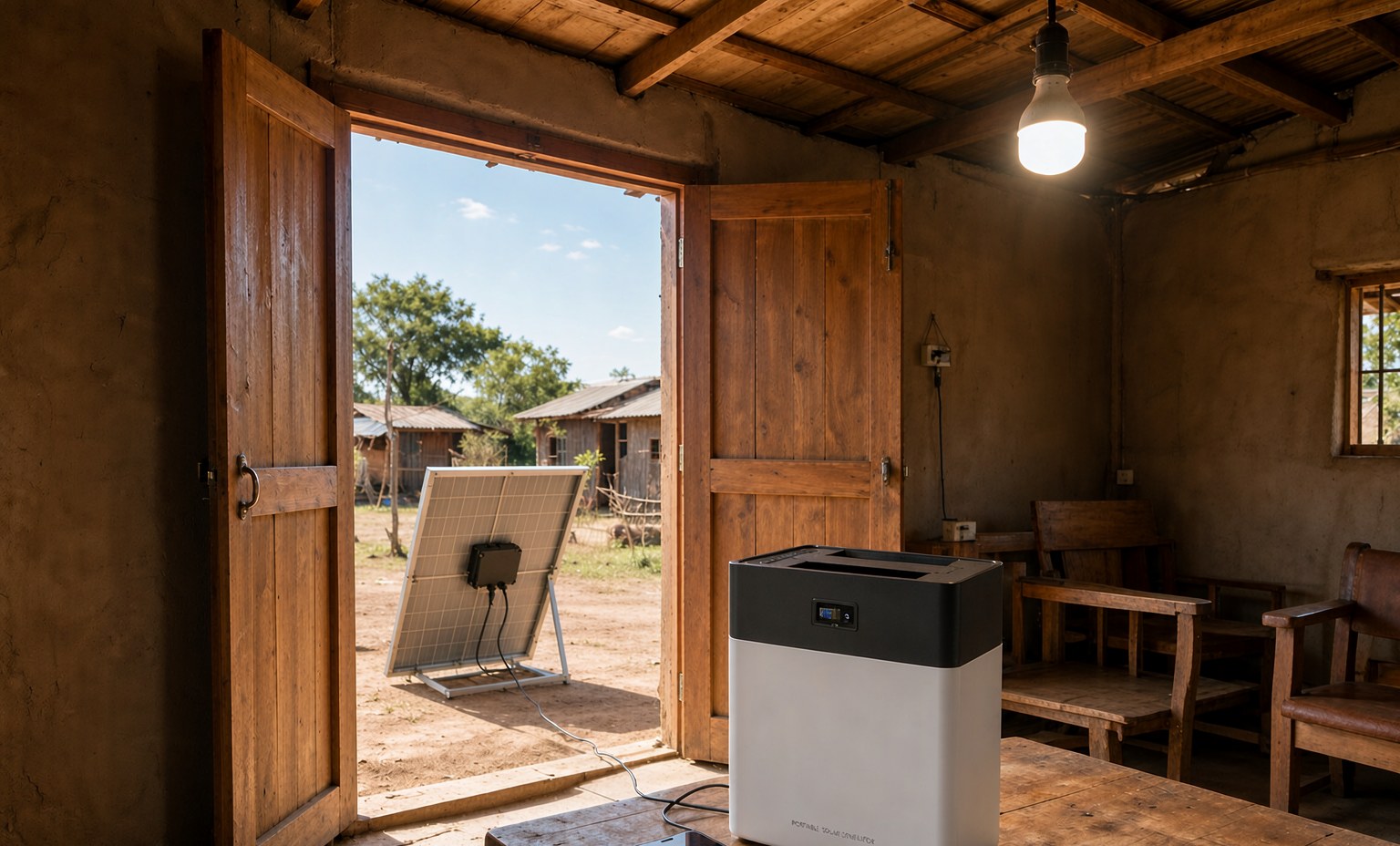 Off-grid home powered by a Zhenergy solar kit with fan and LED lamp